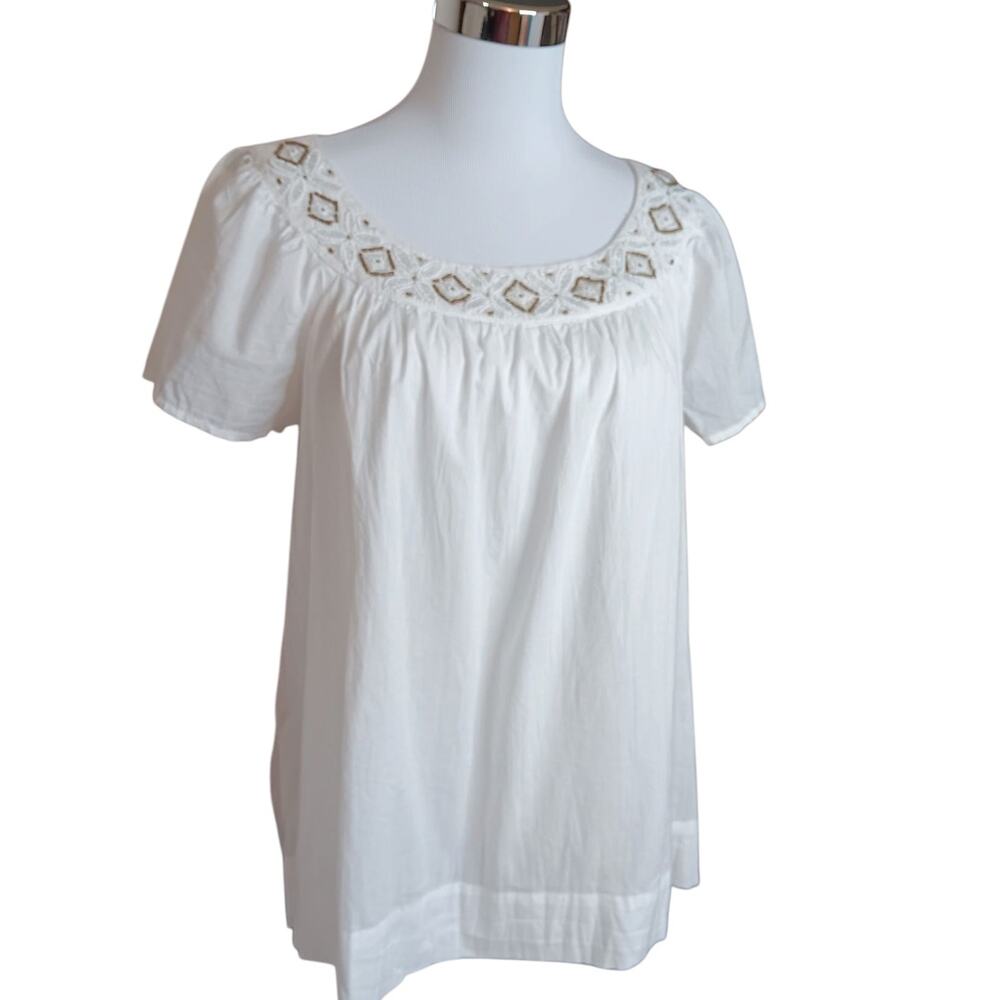 NEW CHARTER CLUB Artsy Beaded Blouse Peasant Top M‎ Cotton Boho Fresh Breathable